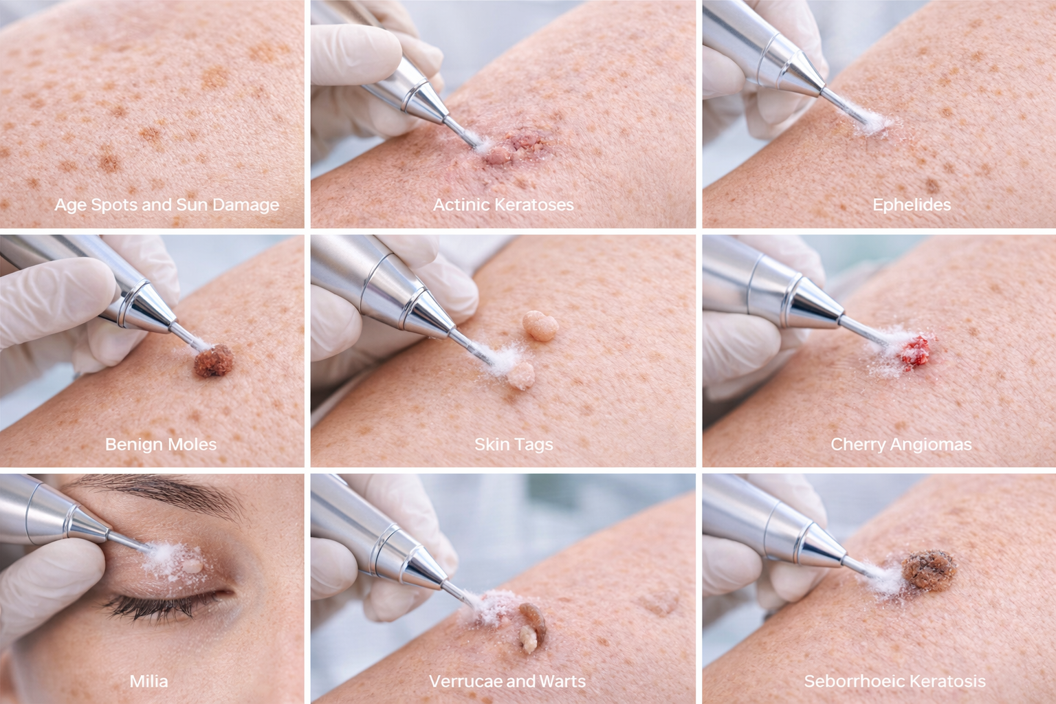 A collage of various common skin conditions that can be treated with Cryosonic Treatment, showcasing the diversity of concerns that the treatment can address.